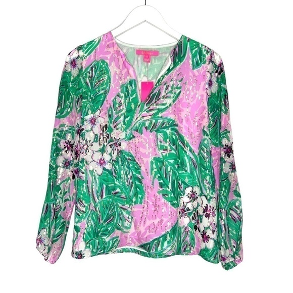 Lilly Pulitzer Aaron Silk Top Magnolia Lilac Leidees Night Size XS NEW - Picture 5 of 14